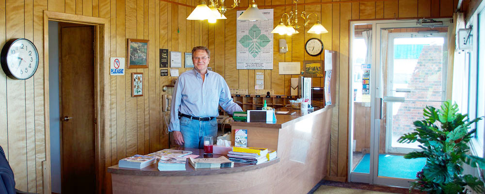 Here’s Dick Swanson manning the original lobby of our Classic 70’s motel.
